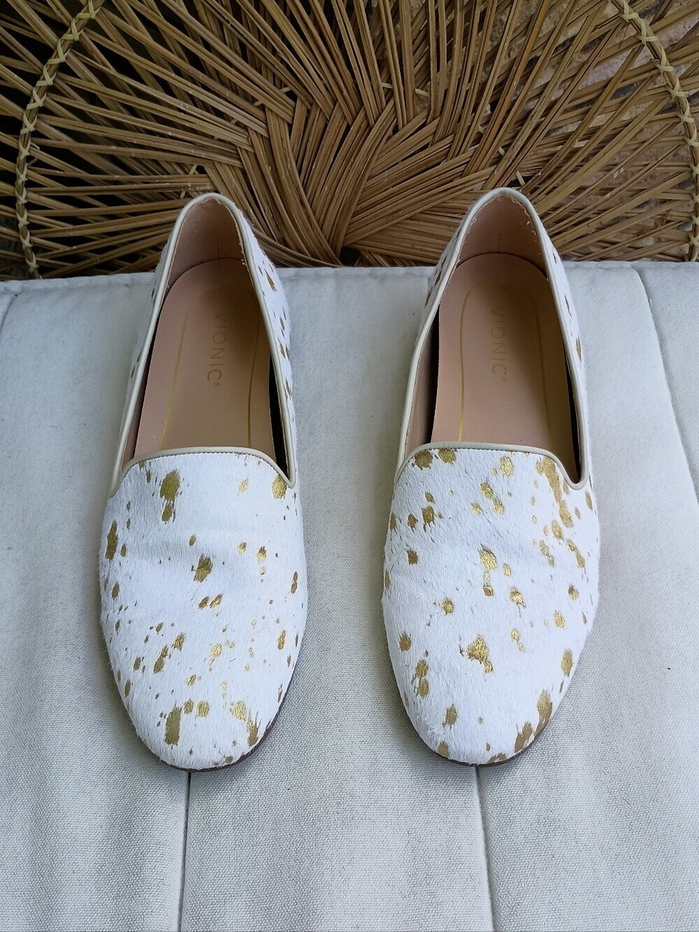 Vionic White Loafers with Gold Splatter_9.5